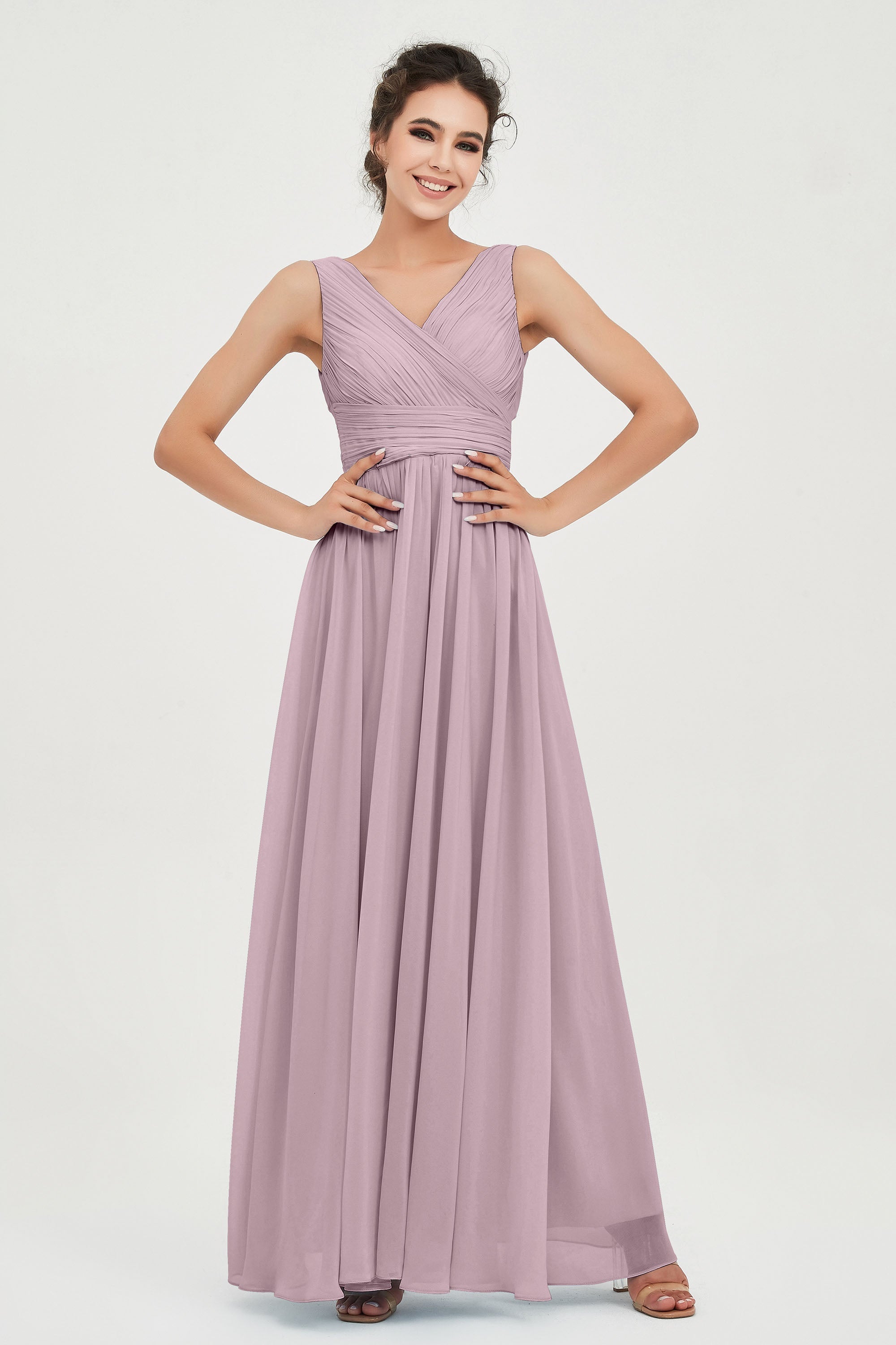V Neck Natural Chiffon Bridesmaid Dress with Ruched Pleated Formal Evening Dresses Gowns