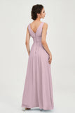 V Neck Natural Chiffon Bridesmaid Dress with Ruched Pleated Formal Evening Dresses Gowns