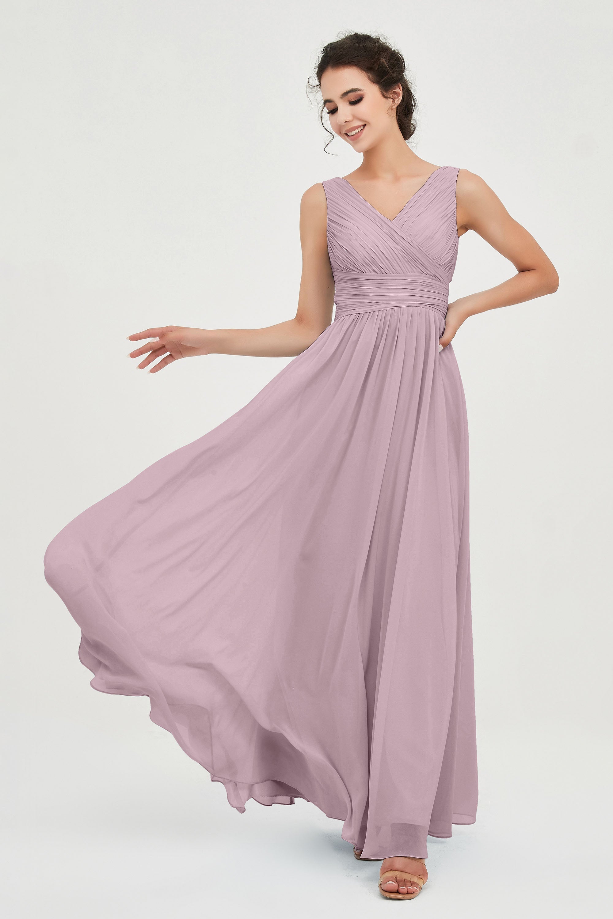 V Neck Natural Chiffon Bridesmaid Dress with Ruched Pleated Formal Evening Dresses Gowns