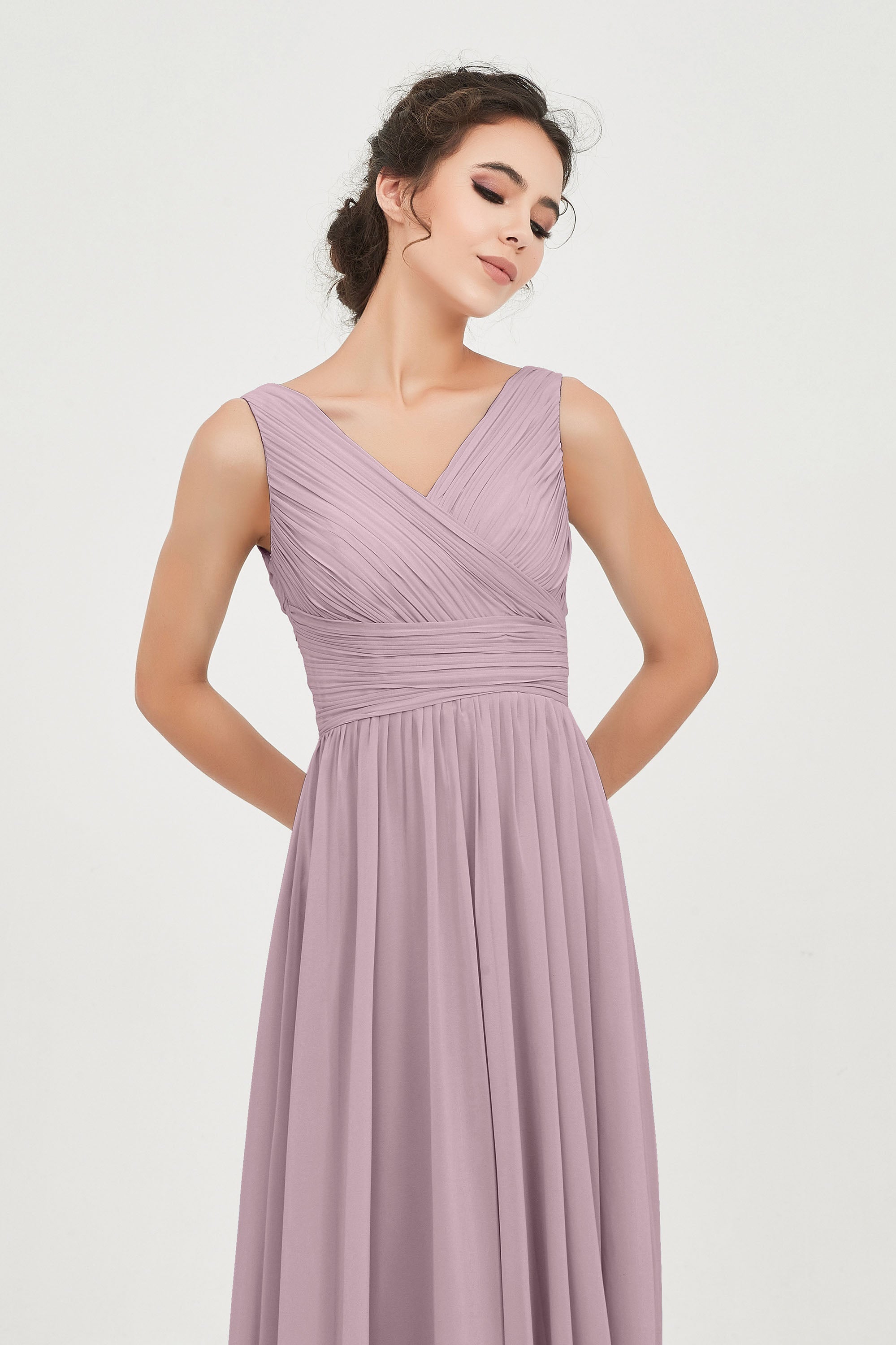 V Neck Natural Chiffon Bridesmaid Dress with Ruched Pleated Formal Evening Dresses Gowns