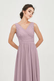 V Neck Natural Chiffon Bridesmaid Dress with Ruched Pleated Formal Evening Dresses Gowns