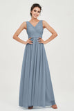 V Neck Natural Chiffon Bridesmaid Dress with Ruched Pleated Formal Evening Dresses Gowns