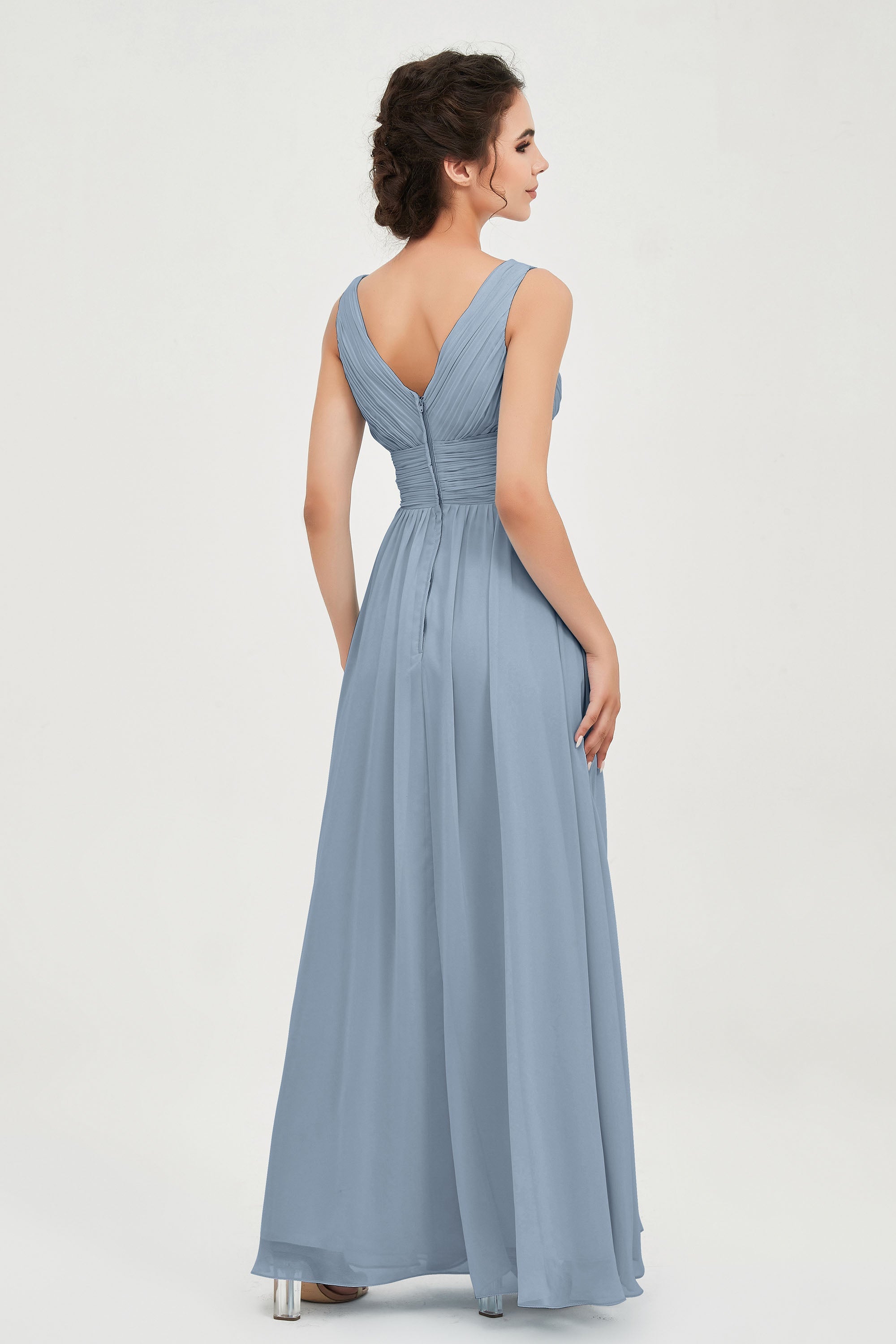 V Neck Natural Chiffon Bridesmaid Dress with Ruched Pleated Formal Evening Dresses Gowns