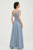 V Neck Natural Chiffon Bridesmaid Dress with Ruched Pleated Formal Evening Dresses Gowns