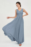 V Neck Natural Chiffon Bridesmaid Dress with Ruched Pleated Formal Evening Dresses Gowns