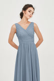 V Neck Natural Chiffon Bridesmaid Dress with Ruched Pleated Formal Evening Dresses Gowns