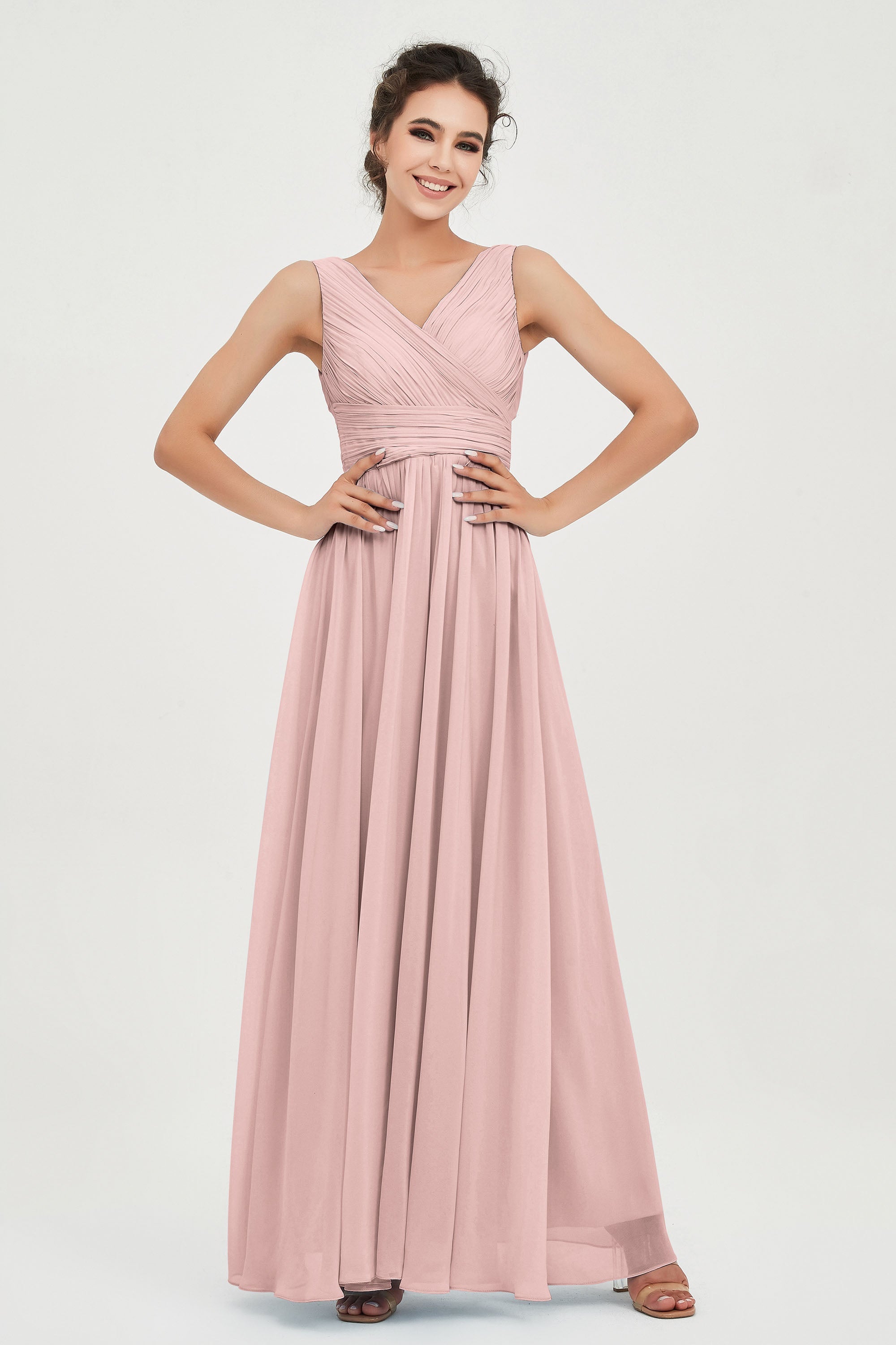 V Neck Natural Chiffon Bridesmaid Dress with Ruched Pleated Formal Evening Dresses Gowns
