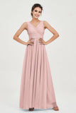 V Neck Natural Chiffon Bridesmaid Dress with Ruched Pleated Formal Evening Dresses Gowns