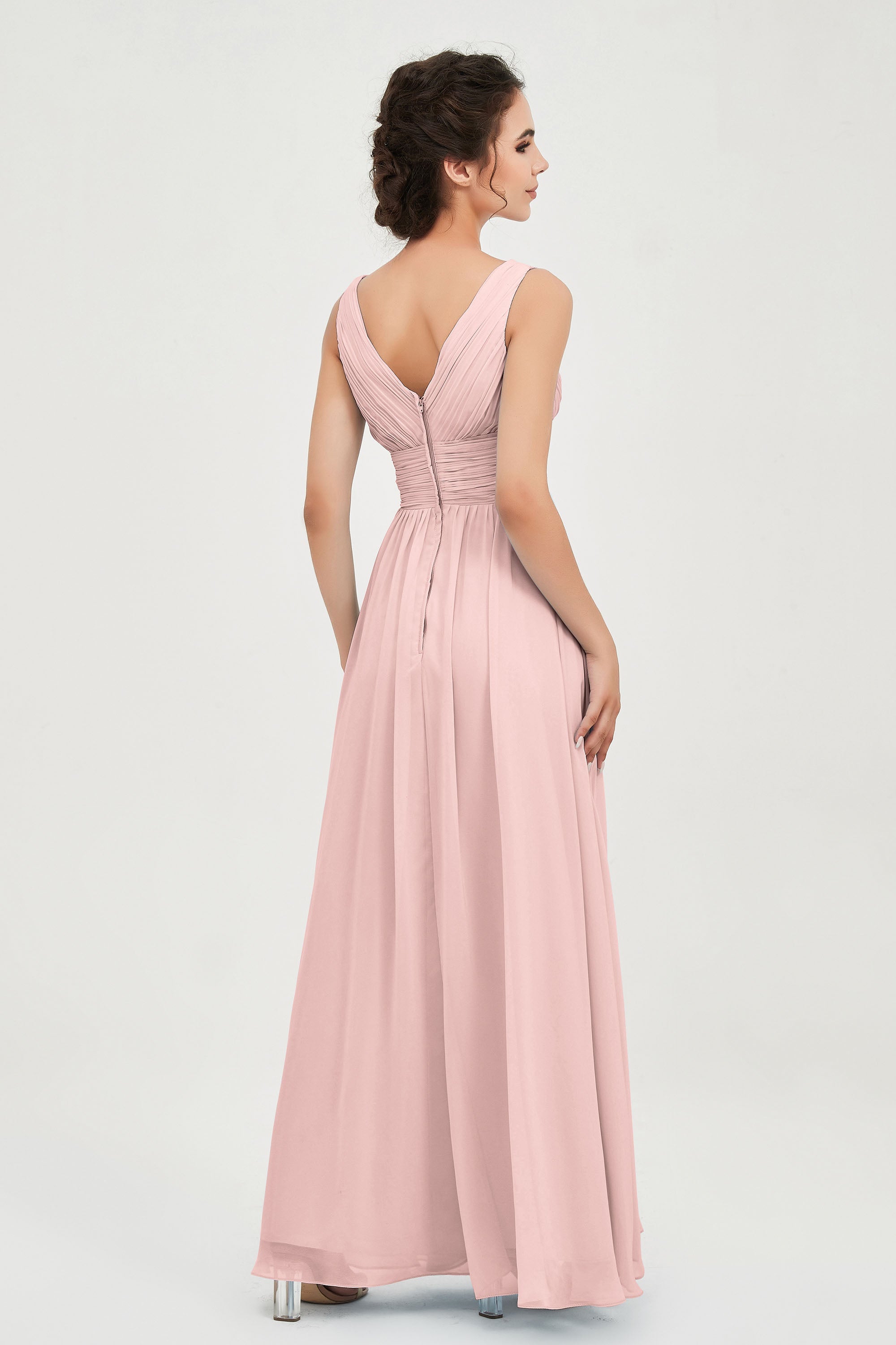 V Neck Natural Chiffon Bridesmaid Dress with Ruched Pleated Formal Evening Dresses Gowns