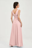 V Neck Natural Chiffon Bridesmaid Dress with Ruched Pleated Formal Evening Dresses Gowns
