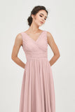 V Neck Natural Chiffon Bridesmaid Dress with Ruched Pleated Formal Evening Dresses Gowns