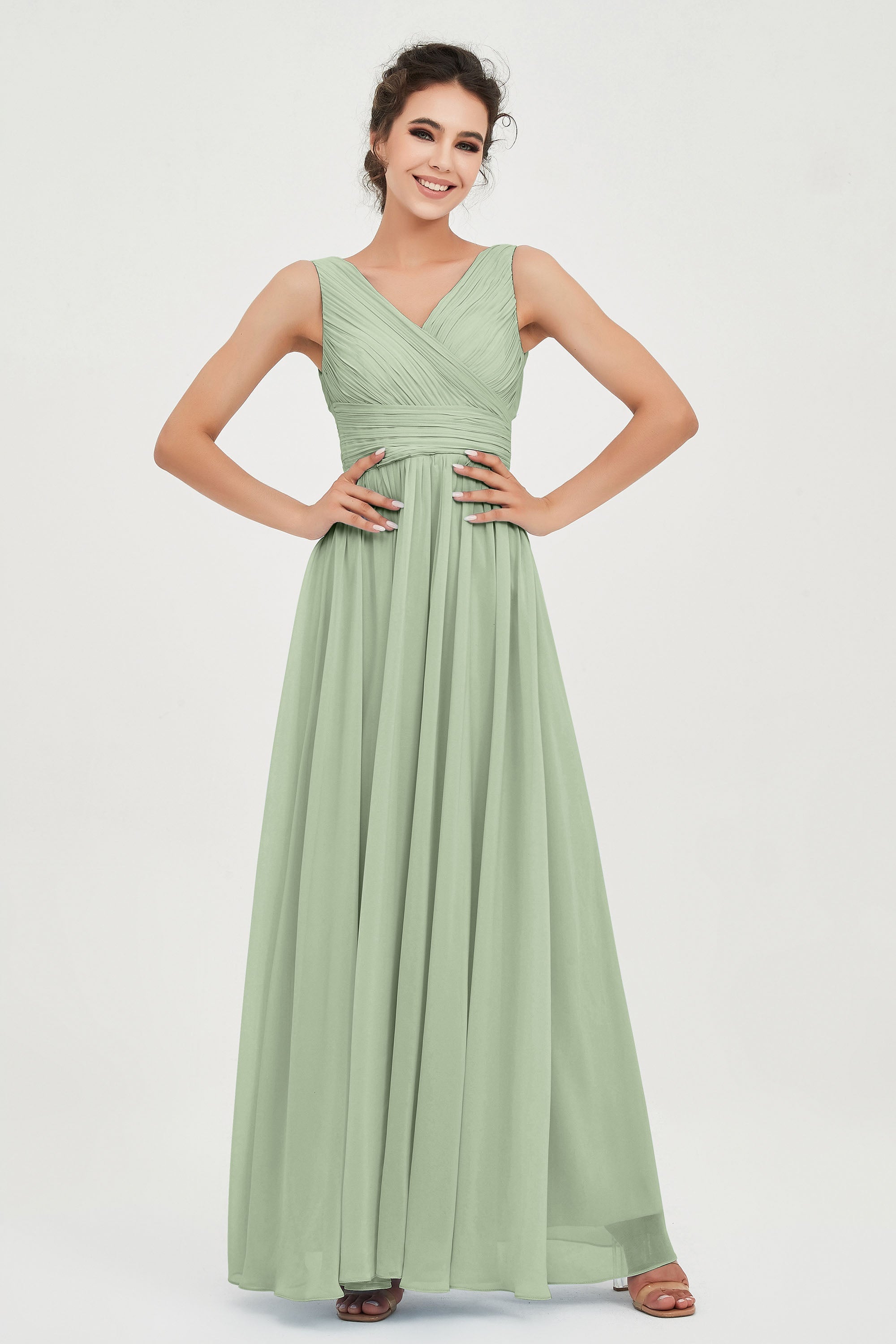 V Neck Natural Chiffon Bridesmaid Dress with Ruched Pleated Formal Evening Dresses Gowns