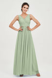V Neck Natural Chiffon Bridesmaid Dress with Ruched Pleated Formal Evening Dresses Gowns