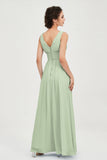 V Neck Natural Chiffon Bridesmaid Dress with Ruched Pleated Formal Evening Dresses Gowns