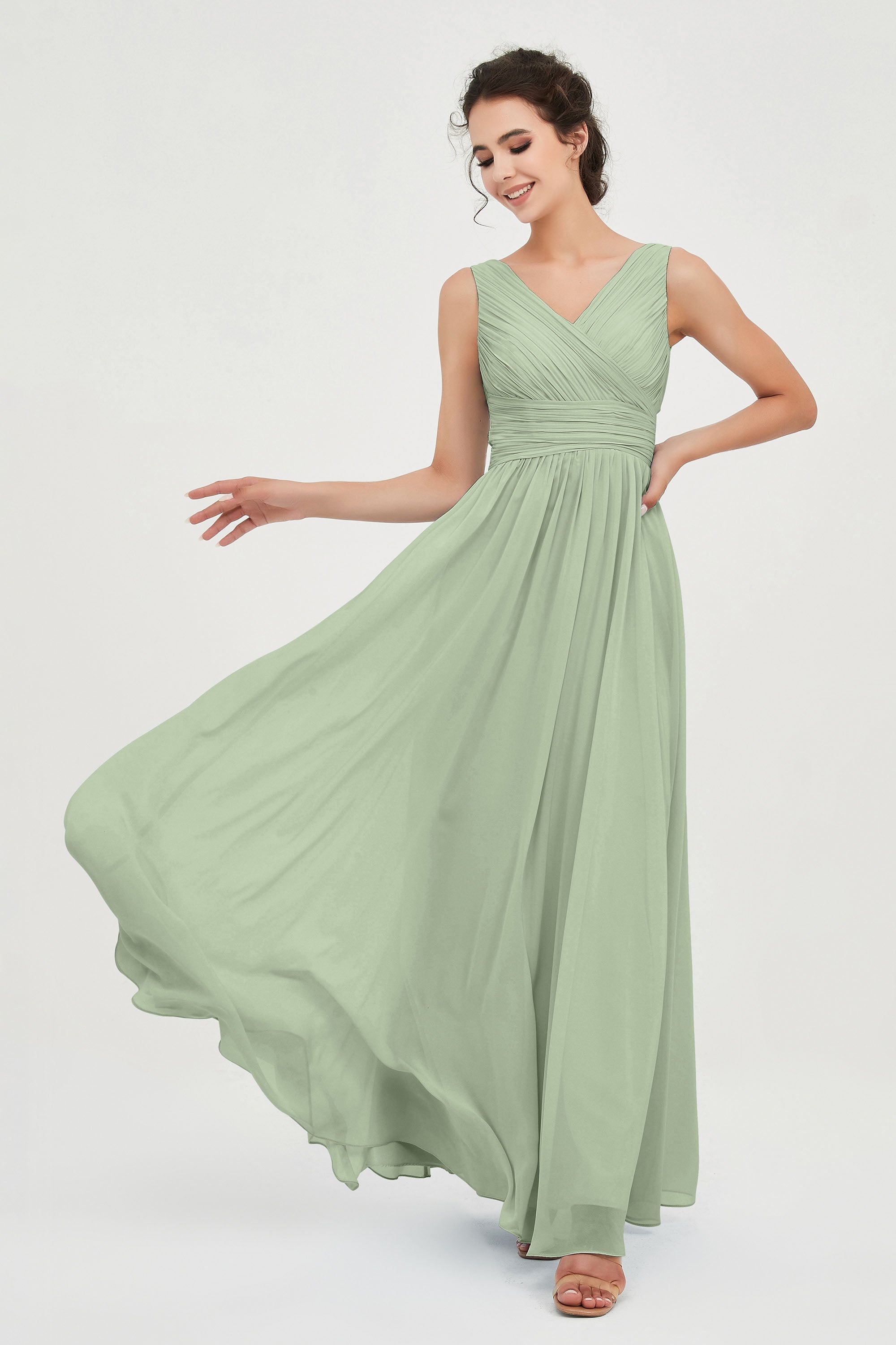 V Neck Natural Chiffon Bridesmaid Dress with Ruched Pleated Formal Evening Dresses Gowns