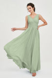 V Neck Natural Chiffon Bridesmaid Dress with Ruched Pleated Formal Evening Dresses Gowns
