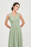 V Neck Natural Chiffon Bridesmaid Dress with Ruched Pleated Formal Evening Dresses Gowns
