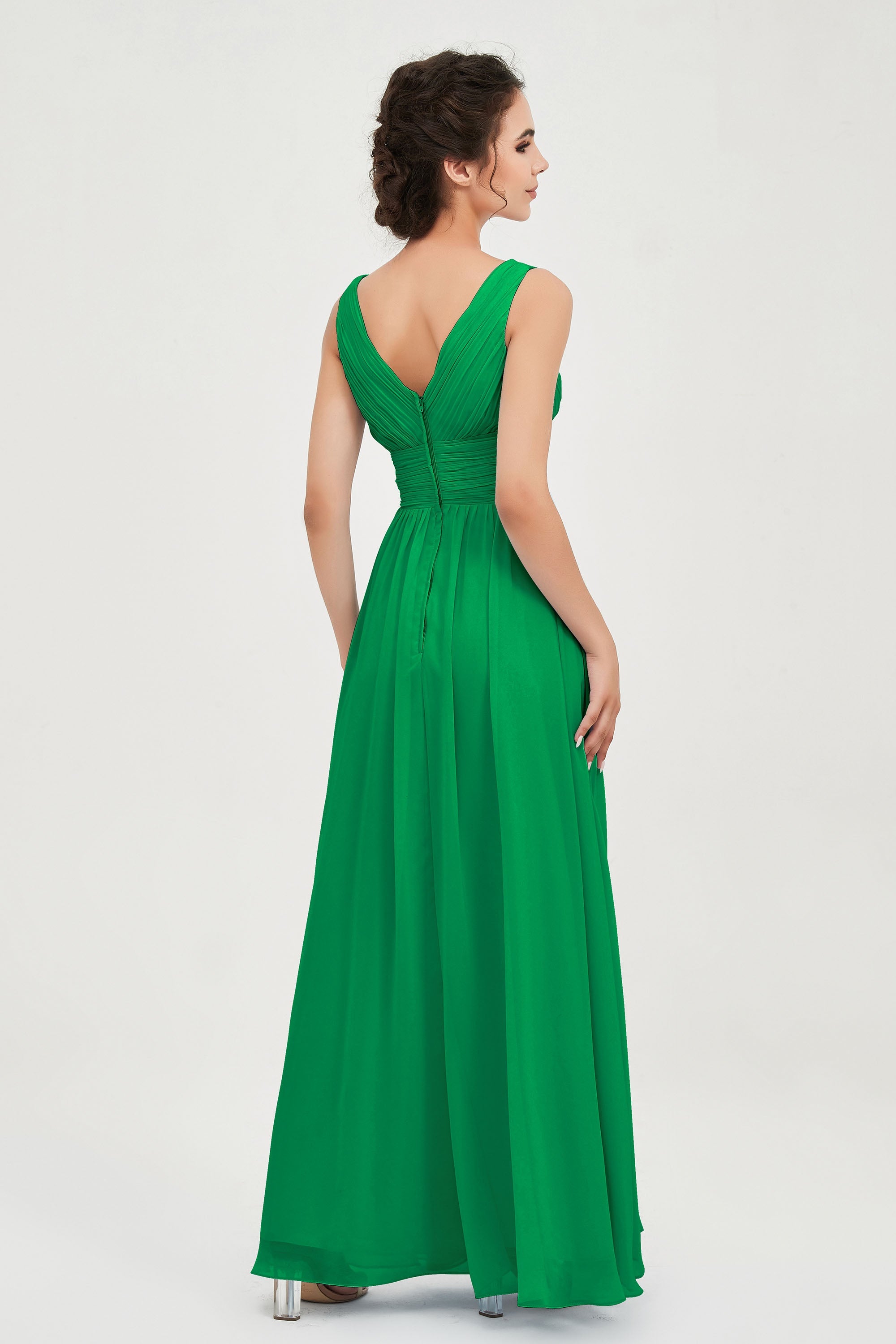 V Neck Natural Chiffon Bridesmaid Dress with Ruched Pleated Formal Evening Dresses Gowns