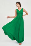 V Neck Natural Chiffon Bridesmaid Dress with Ruched Pleated Formal Evening Dresses Gowns
