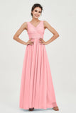 V Neck Natural Chiffon Bridesmaid Dress with Ruched Pleated Formal Evening Dresses Gowns