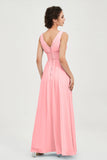 V Neck Natural Chiffon Bridesmaid Dress with Ruched Pleated Formal Evening Dresses Gowns