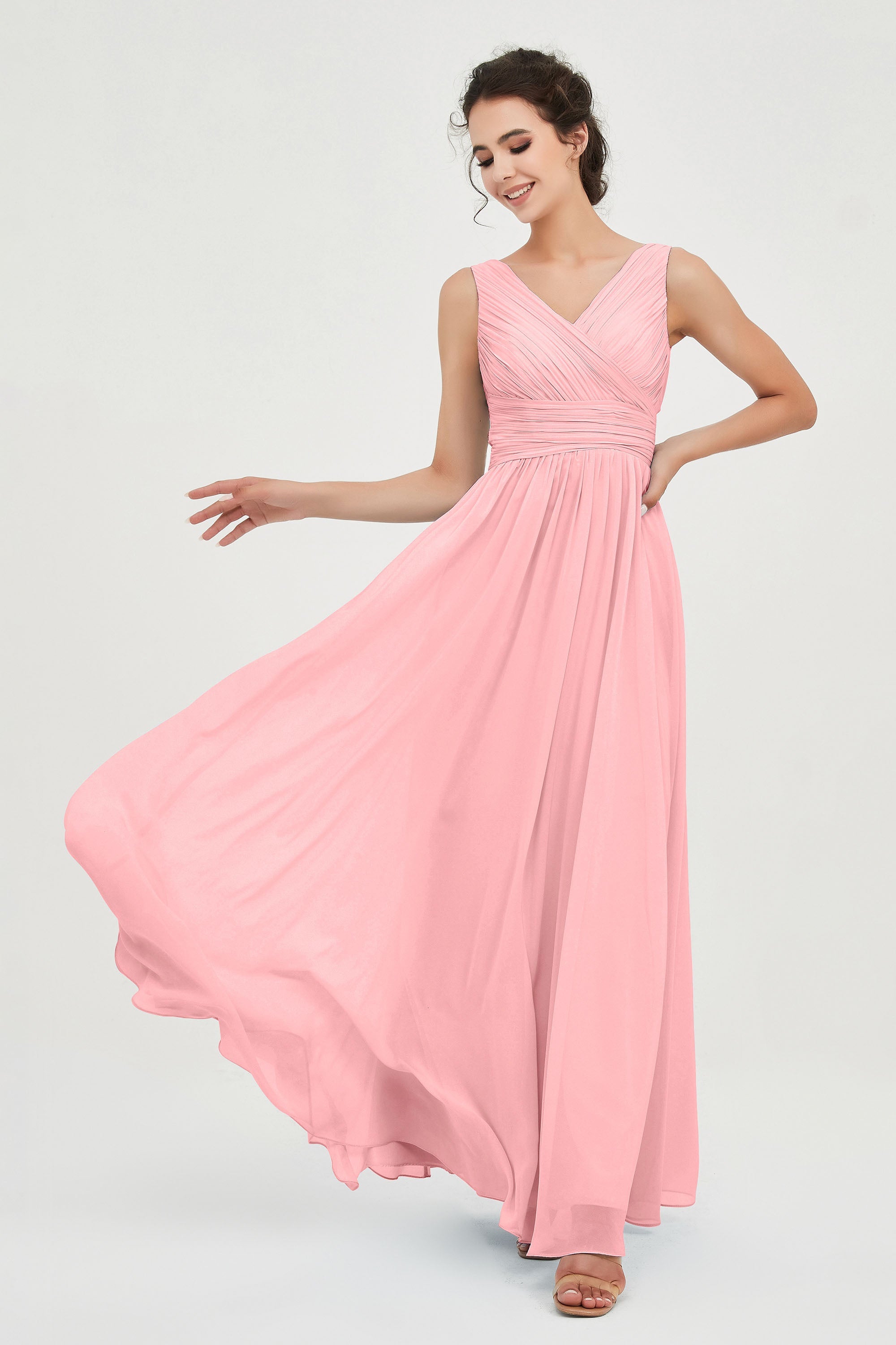 V Neck Natural Chiffon Bridesmaid Dress with Ruched Pleated Formal Evening Dresses Gowns