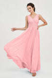 V Neck Natural Chiffon Bridesmaid Dress with Ruched Pleated Formal Evening Dresses Gowns