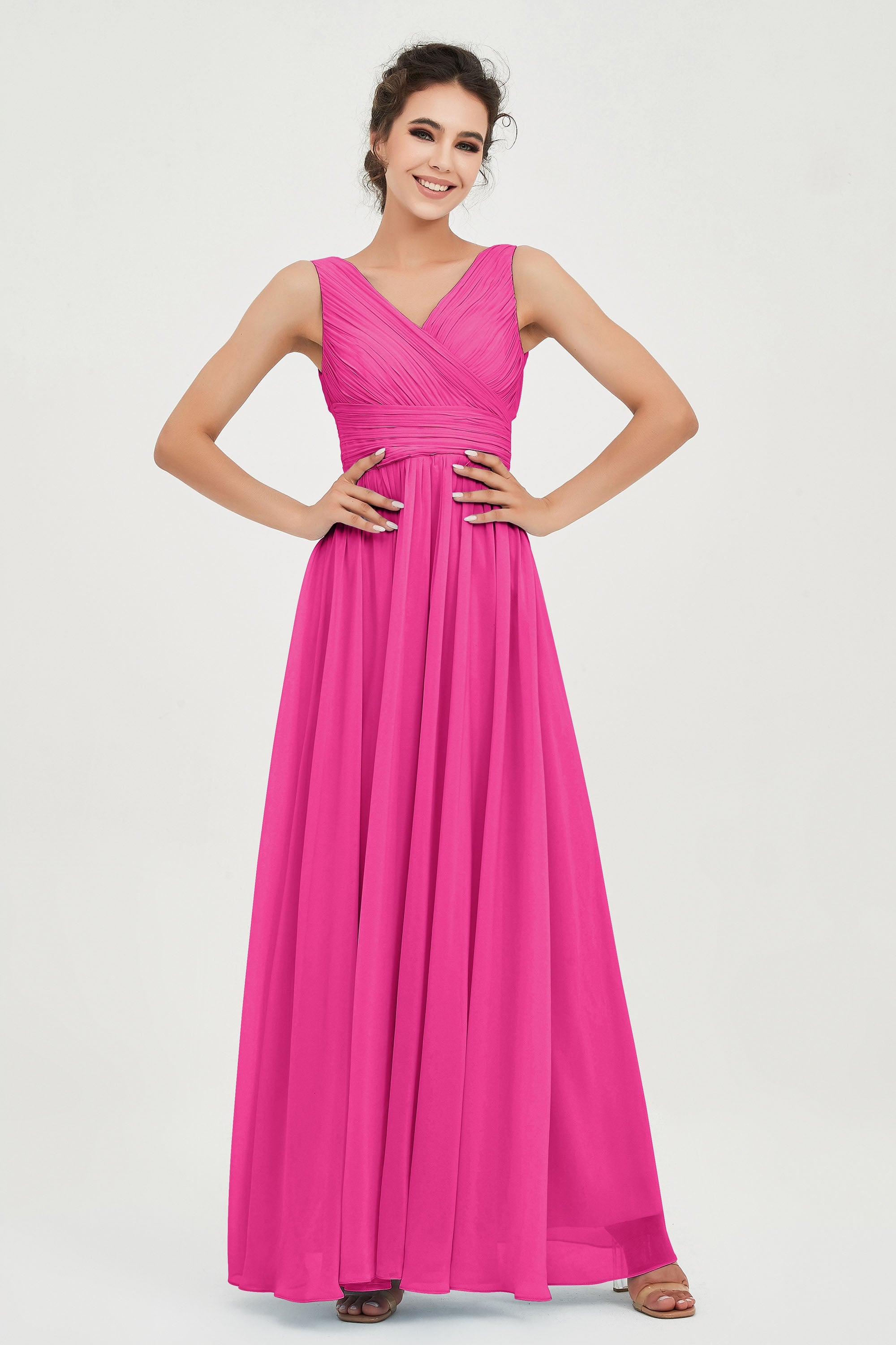 V Neck Natural Chiffon Bridesmaid Dress with Ruched Pleated Formal Evening Dresses Gowns