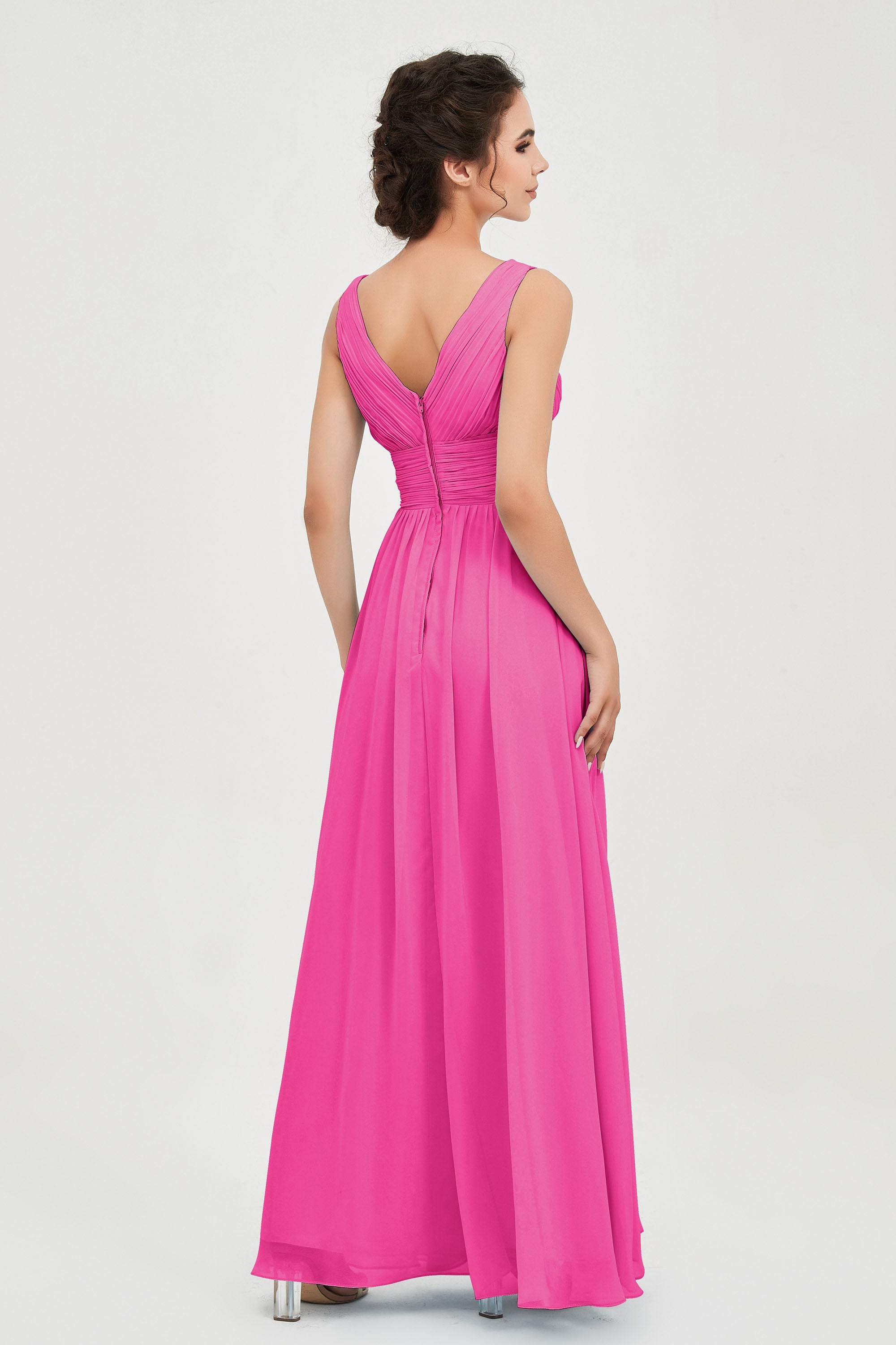 V Neck Natural Chiffon Bridesmaid Dress with Ruched Pleated Formal Evening Dresses Gowns