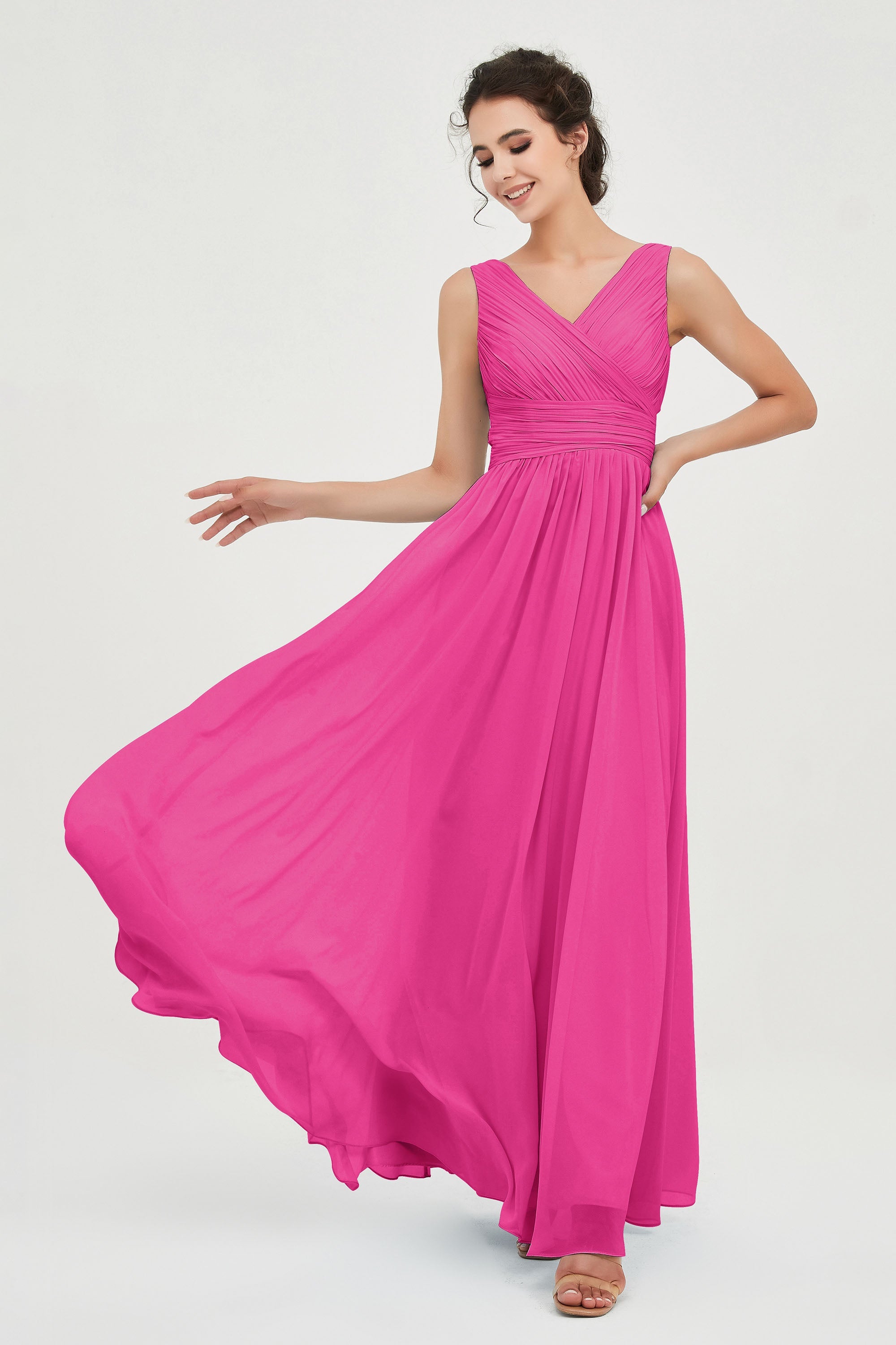 V Neck Natural Chiffon Bridesmaid Dress with Ruched Pleated Formal Evening Dresses Gowns