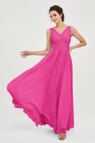 V Neck Natural Chiffon Bridesmaid Dress with Ruched Pleated Formal Evening Dresses Gowns