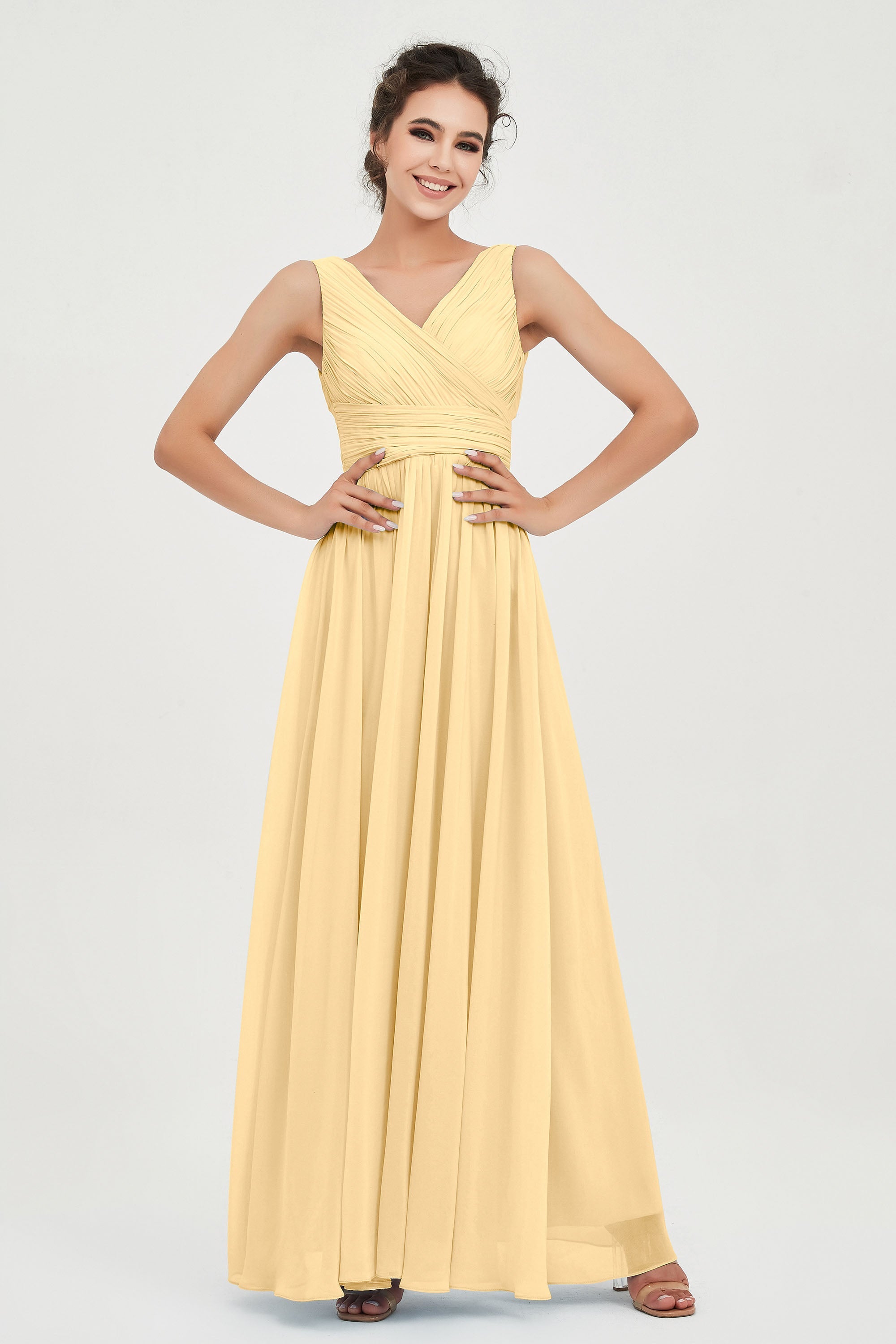 V Neck Natural Chiffon Bridesmaid Dress with Ruched Pleated Formal Evening Dresses Gowns