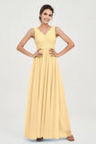 V Neck Natural Chiffon Bridesmaid Dress with Ruched Pleated Formal Evening Dresses Gowns