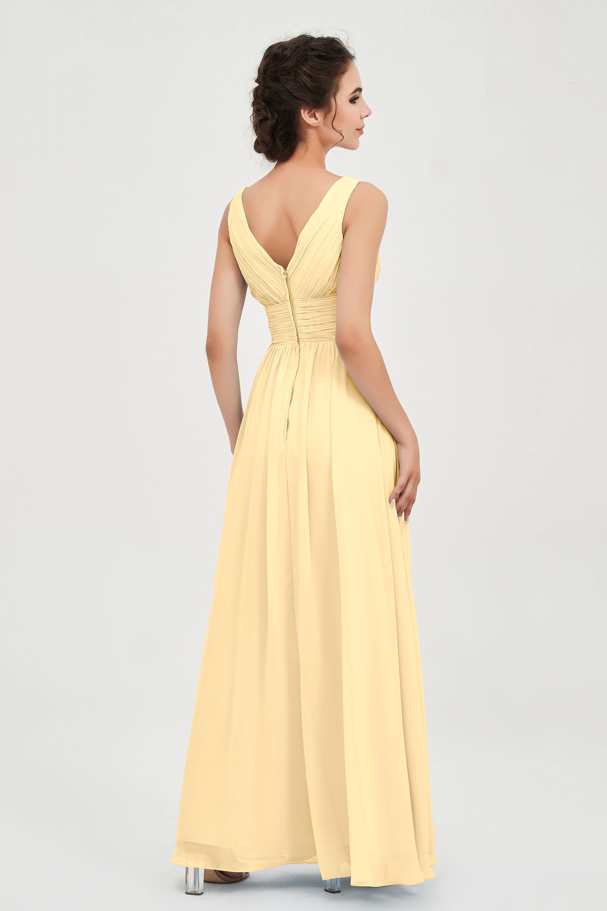 V Neck Natural Chiffon Bridesmaid Dress with Ruched Pleated Formal Evening Dresses Gowns