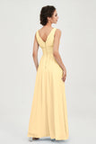 V Neck Natural Chiffon Bridesmaid Dress with Ruched Pleated Formal Evening Dresses Gowns