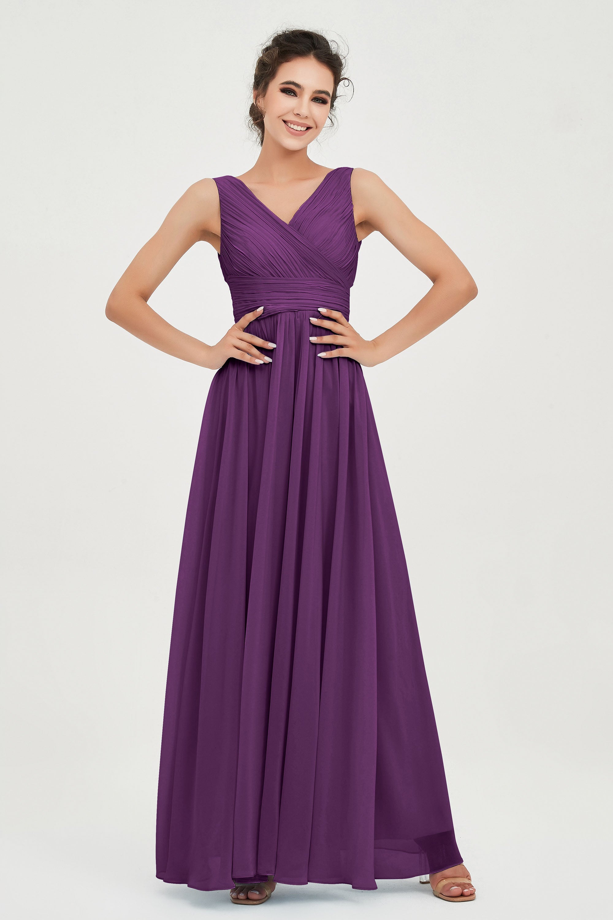 V Neck Natural Chiffon Bridesmaid Dress with Ruched Pleated Formal Evening Dresses Gowns