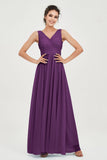 V Neck Natural Chiffon Bridesmaid Dress with Ruched Pleated Formal Evening Dresses Gowns
