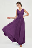 V Neck Natural Chiffon Bridesmaid Dress with Ruched Pleated Formal Evening Dresses Gowns