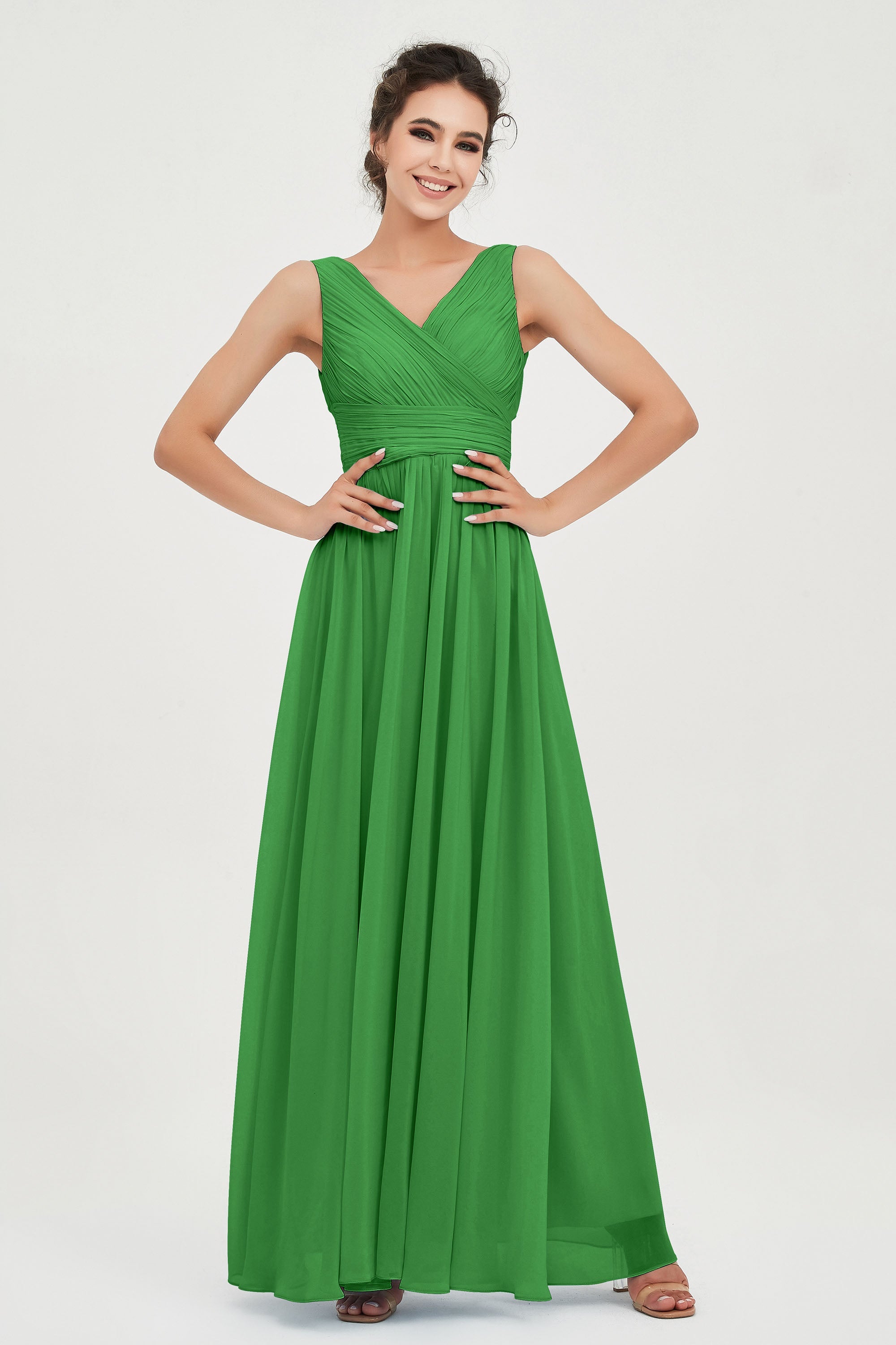 V Neck Natural Chiffon Bridesmaid Dress with Ruched Pleated Formal Evening Dresses Gowns
