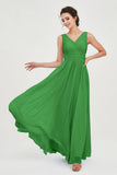 V Neck Natural Chiffon Bridesmaid Dress with Ruched Pleated Formal Evening Dresses Gowns