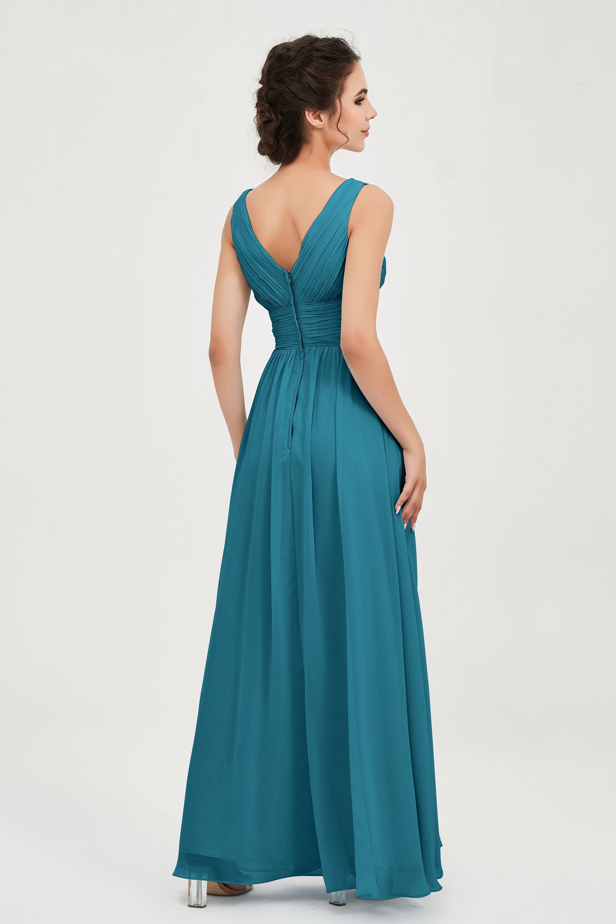 V Neck Natural Chiffon Bridesmaid Dress with Ruched Pleated Formal Evening Dresses Gowns