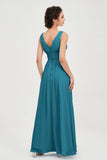 V Neck Natural Chiffon Bridesmaid Dress with Ruched Pleated Formal Evening Dresses Gowns