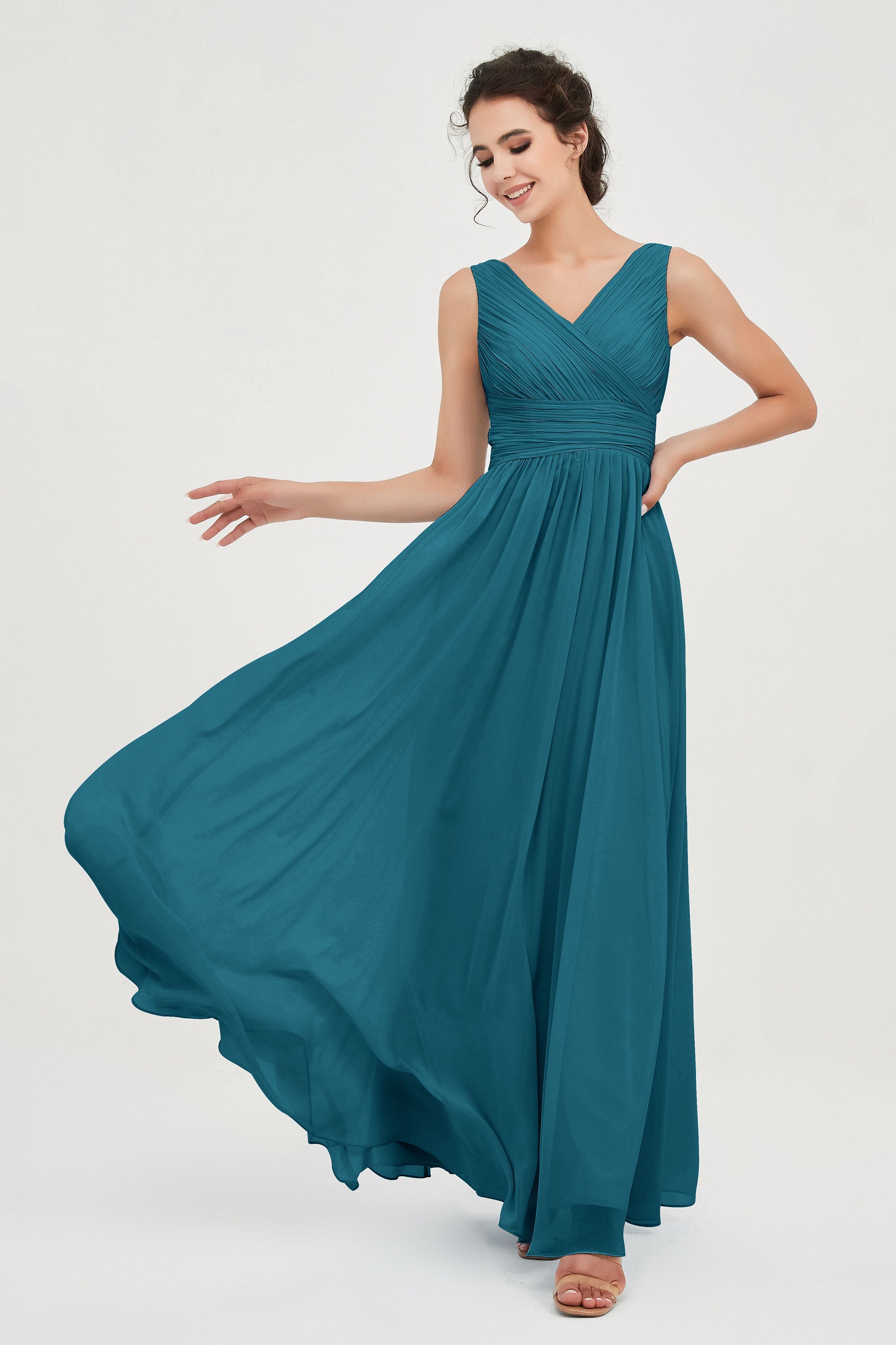 V Neck Natural Chiffon Bridesmaid Dress with Ruched Pleated Formal Evening Dresses Gowns