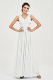V Neck Natural Chiffon Bridesmaid Dress with Ruched Pleated Formal Evening Dresses Gowns