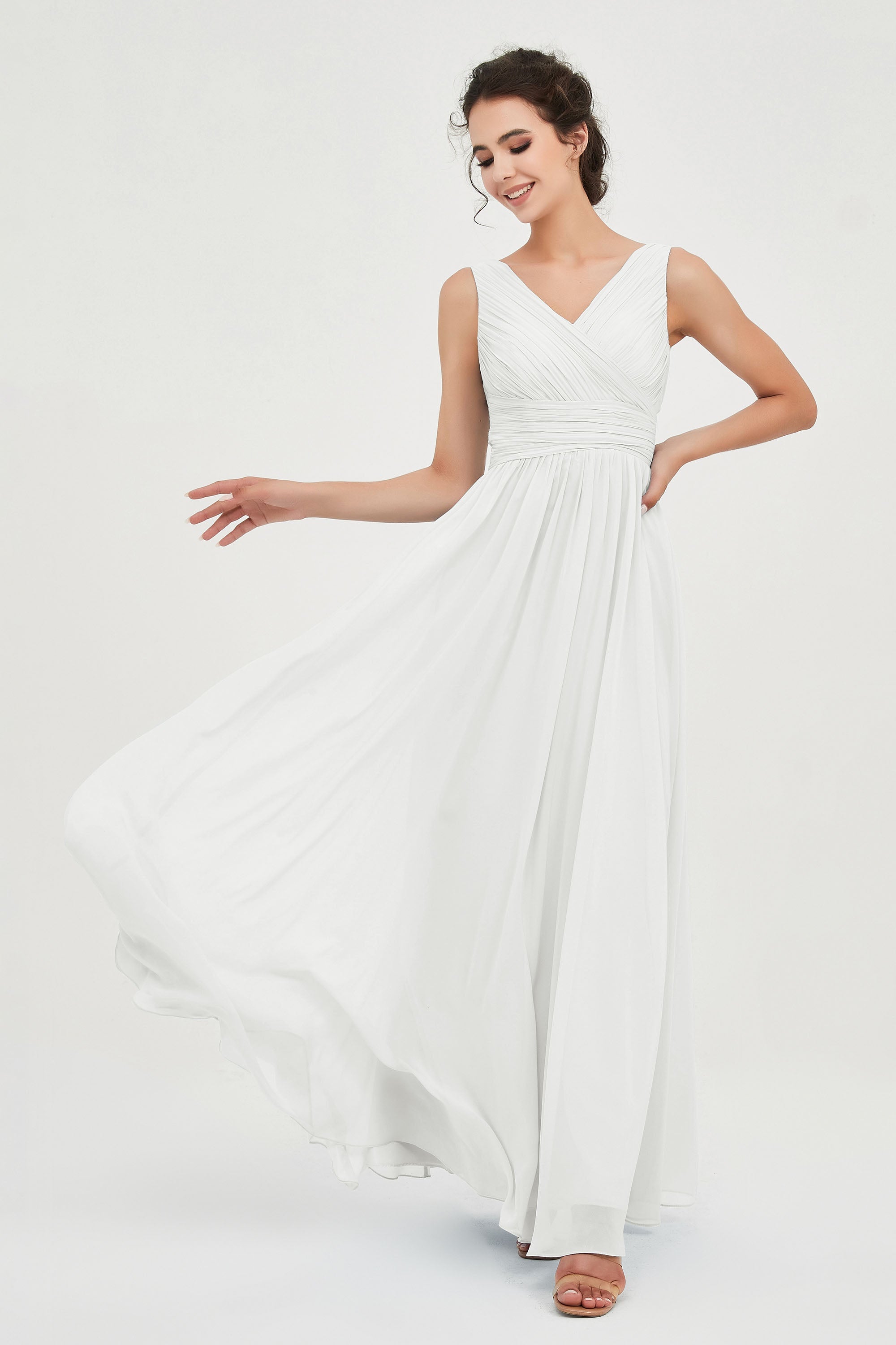 V Neck Natural Chiffon Bridesmaid Dress with Ruched Pleated Formal Evening Dresses Gowns