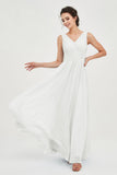V Neck Natural Chiffon Bridesmaid Dress with Ruched Pleated Formal Evening Dresses Gowns