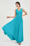 V Neck Natural Chiffon Bridesmaid Dress with Ruched Pleated Formal Evening Dresses Gowns