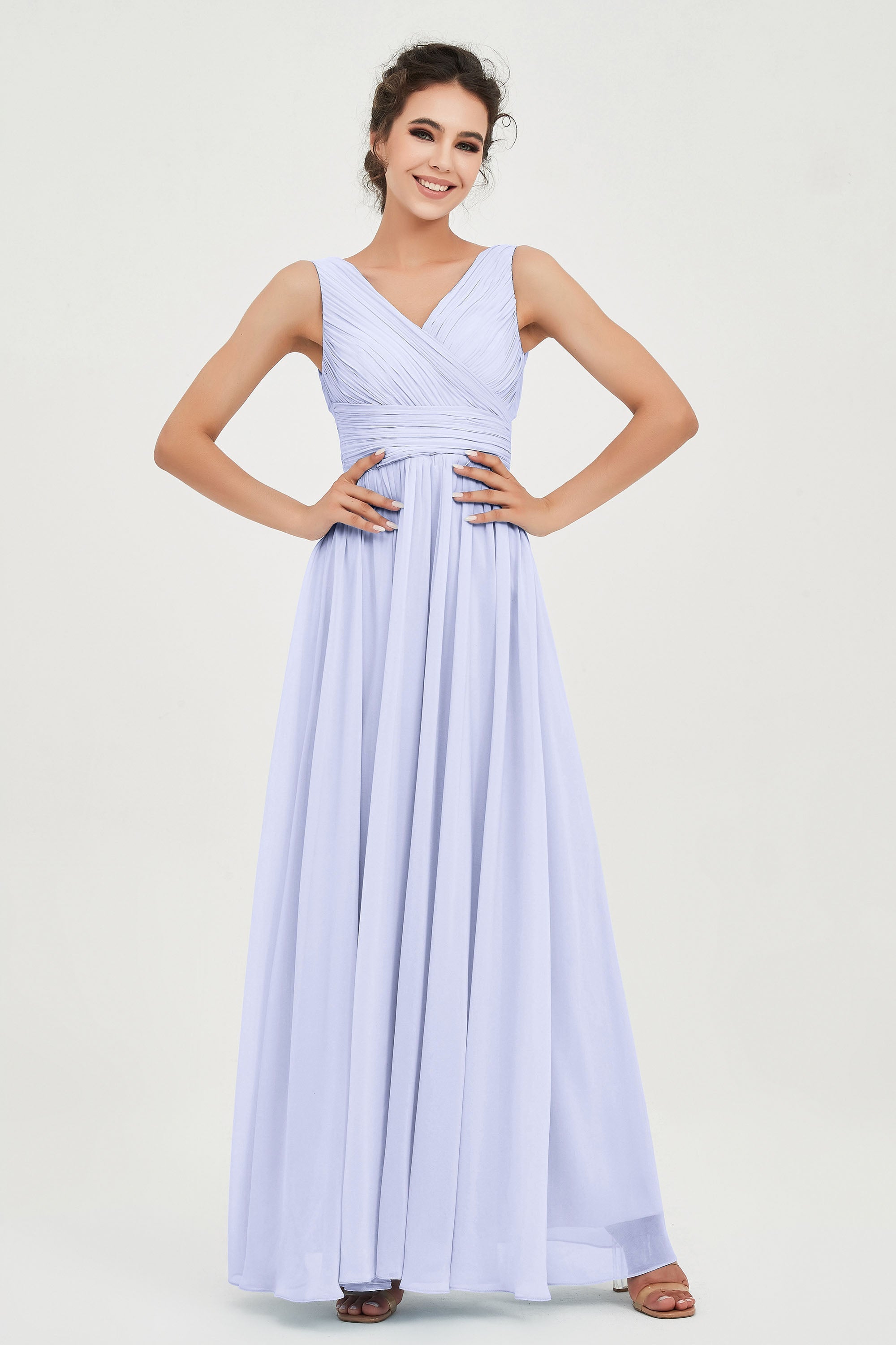V Neck Natural Chiffon Bridesmaid Dress with Ruched Pleated Formal Evening Dresses Gowns