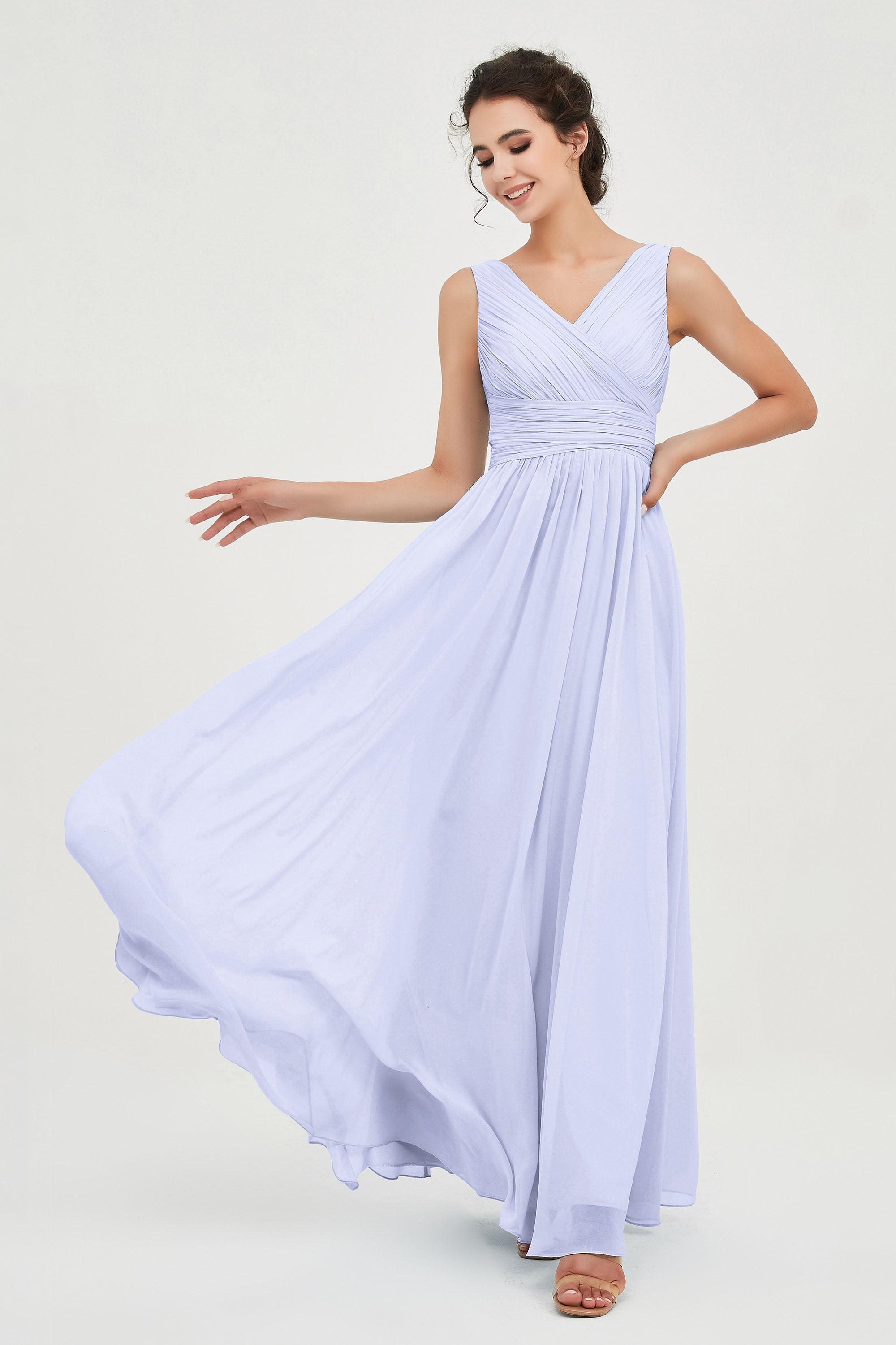 V Neck Natural Chiffon Bridesmaid Dress with Ruched Pleated Formal Evening Dresses Gowns