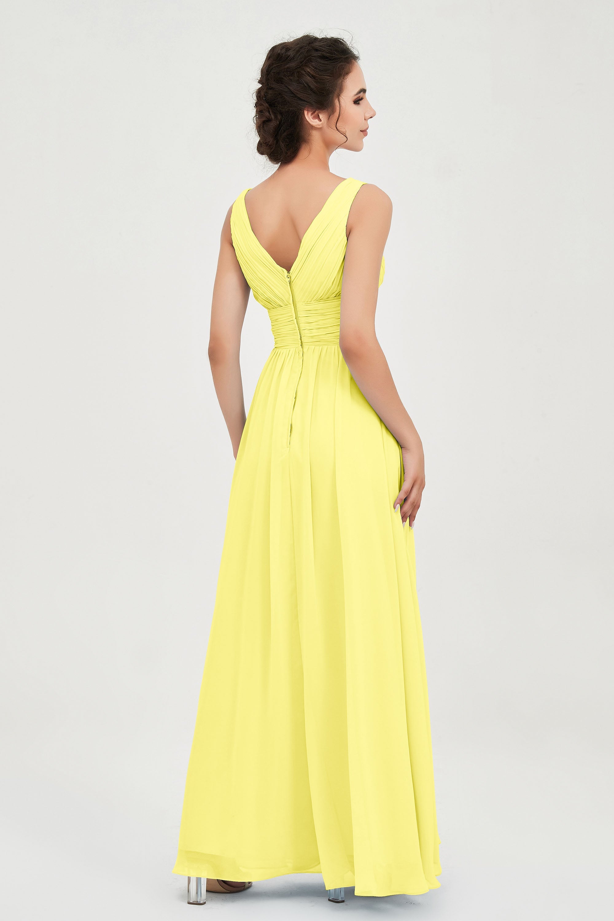 V Neck Natural Chiffon Bridesmaid Dress with Ruched Pleated Formal Evening Dresses Gowns